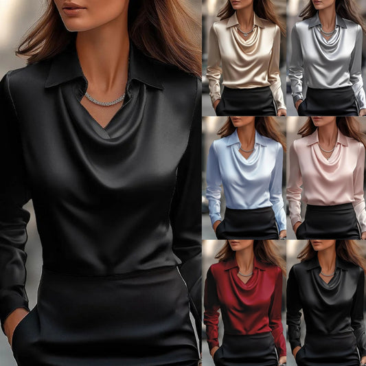 Damen Elegante Bluse mit gefälteltem Halsausschnitt und langen Ärmeln Stalluxe