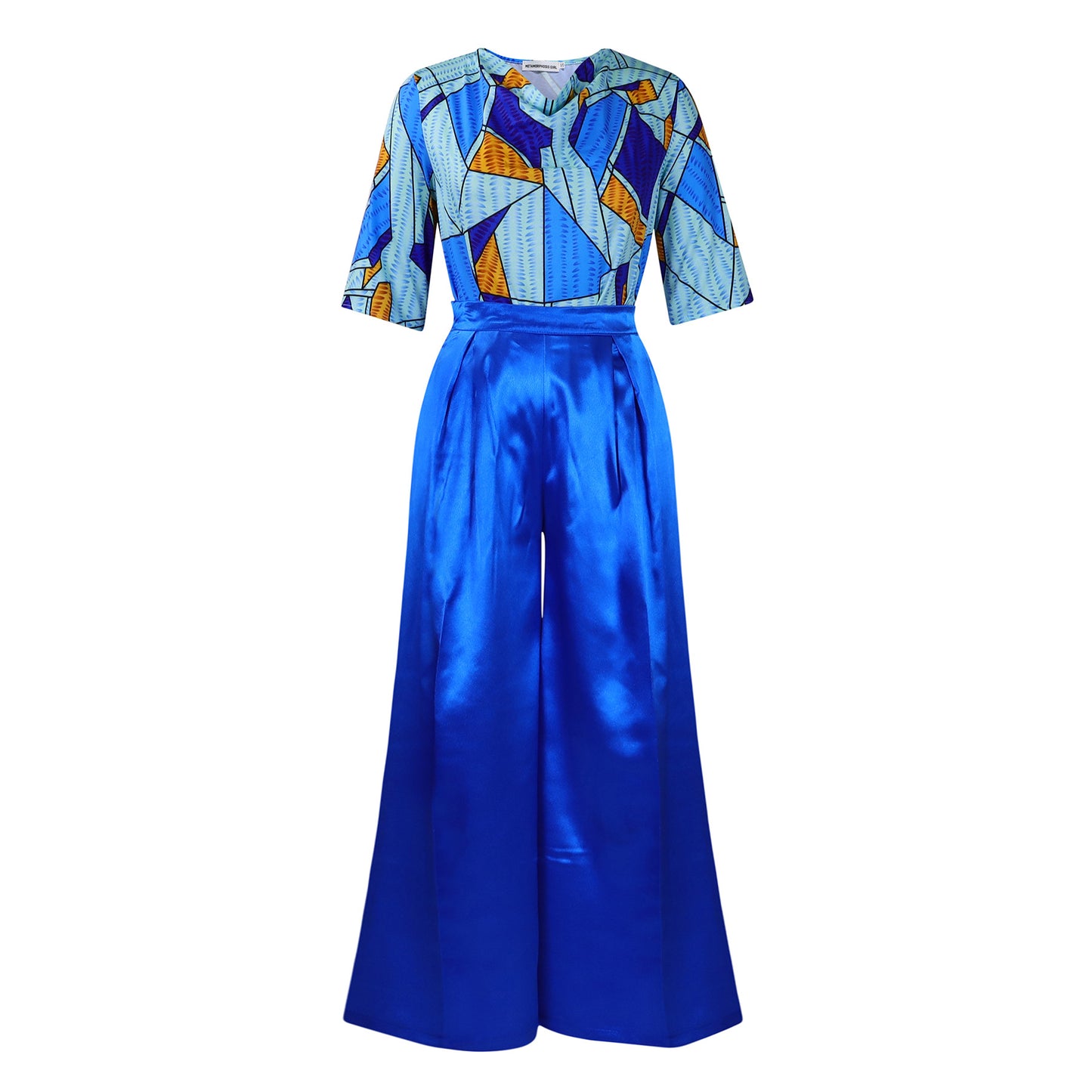 Damen Eleganter Jumpsuit mit auffälligem geometrischem Muster und weitem Bein Stalluxe Blau