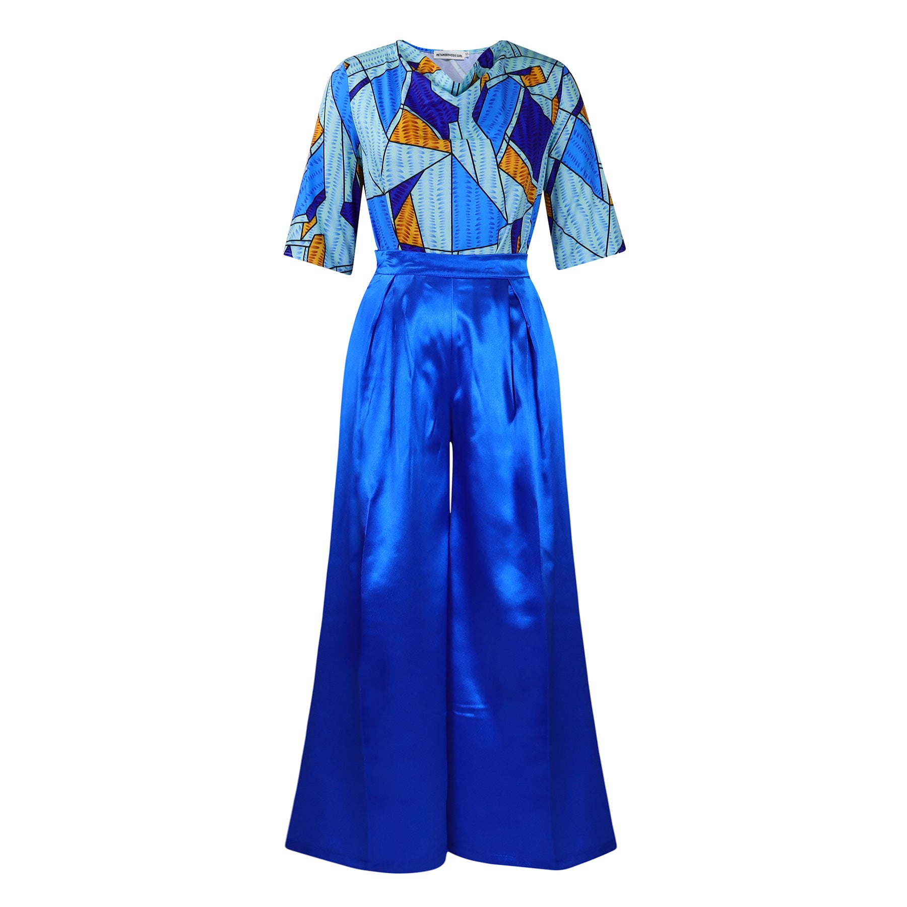 Damen Eleganter Jumpsuit mit auffälligem geometrischem Muster und weitem Bein Stalluxe Blau
