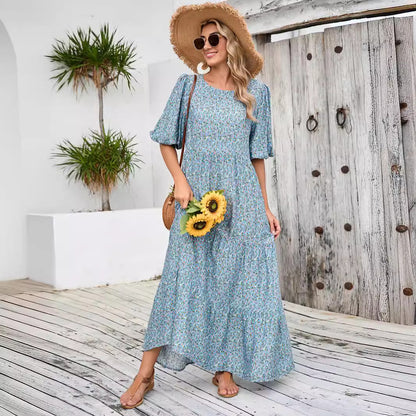 Damen Maxikleid mit nostalgischem Blumendruck und weiten Ärmeln Stalluxe