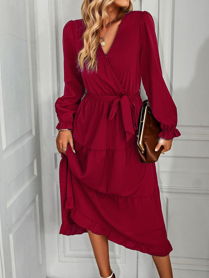 Damen elegantes Wickelkleid mit Rüschendetails und Taillengürtel Stalluxe