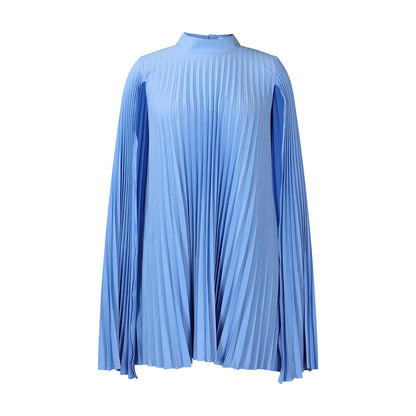 Damen Plissiertes Cape-Kleid mit hochgeschlossenem Kragen und langen Ärmeln Stalluxe Himmelblau
