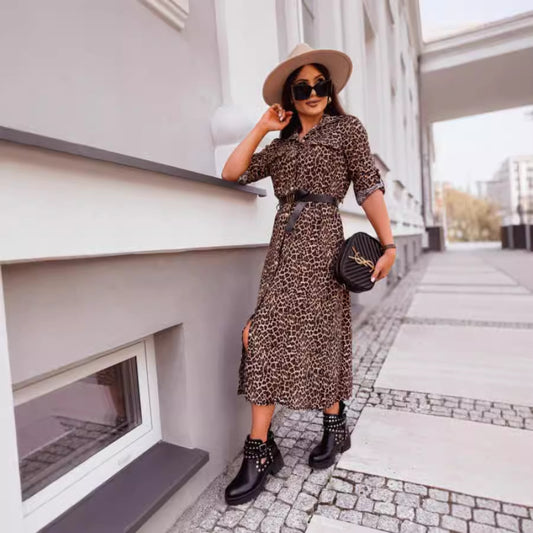 Damen Midi-Kleid mit Tiermuster und Gürtel Stalluxe