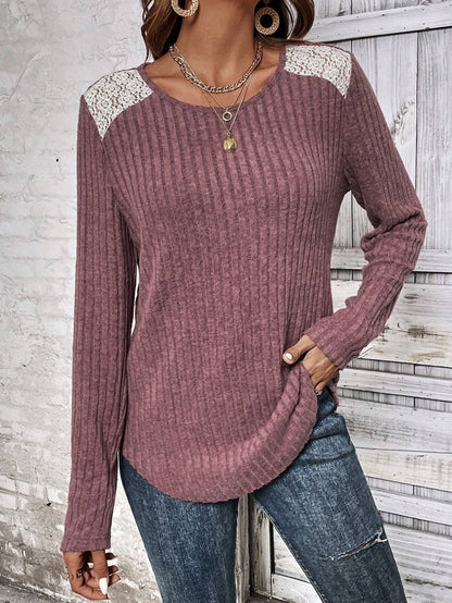 Women's Ribbed Knit Lace-Trimmed Sweater Stalluxe