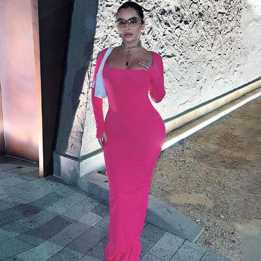 Damen Figurbetontes Langarm-Maxikleid mit quadratischem Ausschnitt Stalluxe