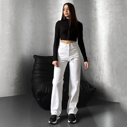 Damen Hohe Taillenjeans mit weitem Bein und Bindegürtel Stalluxe Weiß