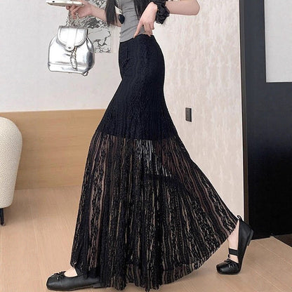 Damen Eleganter Maxi-Rock mit transparenter Spitze und Falten Stalluxe
