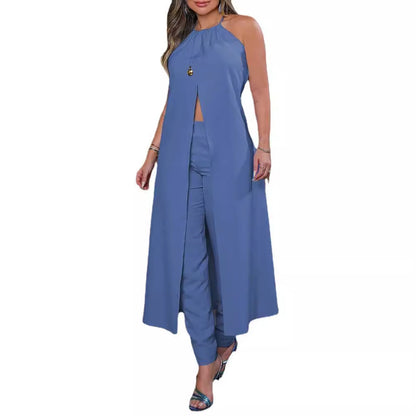 Damen elegantes Maxikleid im Layering-Stil mit tiefem Schlitz und hochgeschlossenem Hals Stalluxe