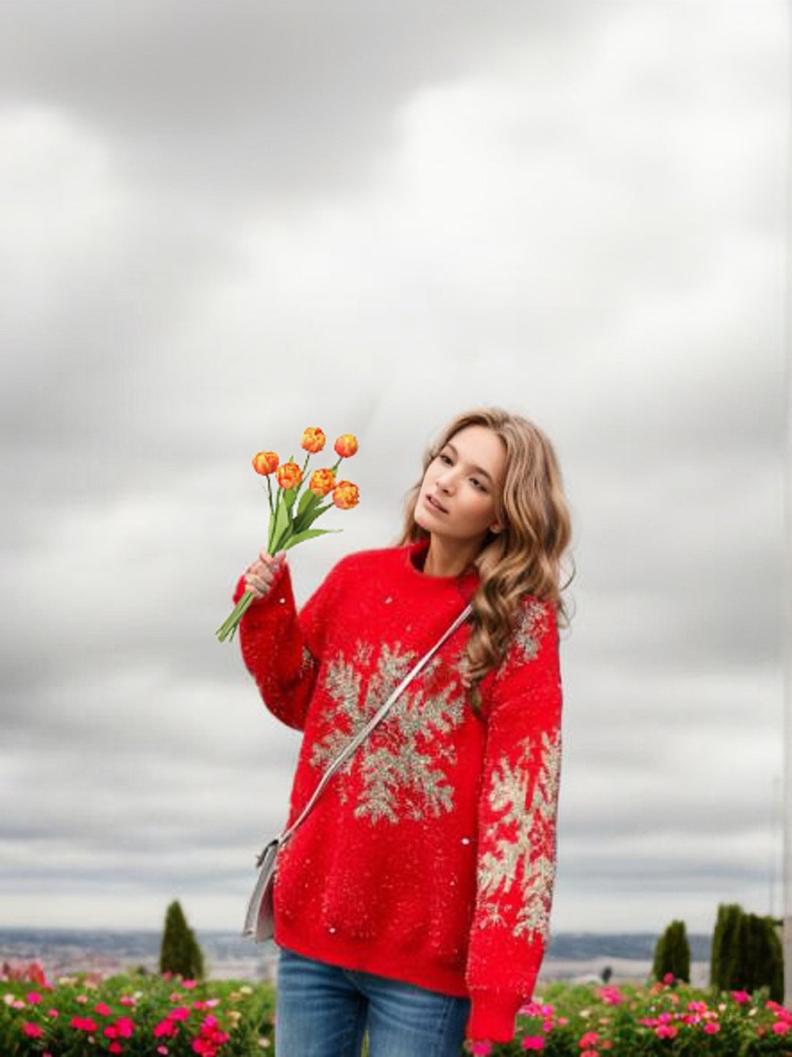 Damen Weihnachts-Pullover mit festlichem Schneeflocken-Motiv und weitem Schnitt Stalluxe