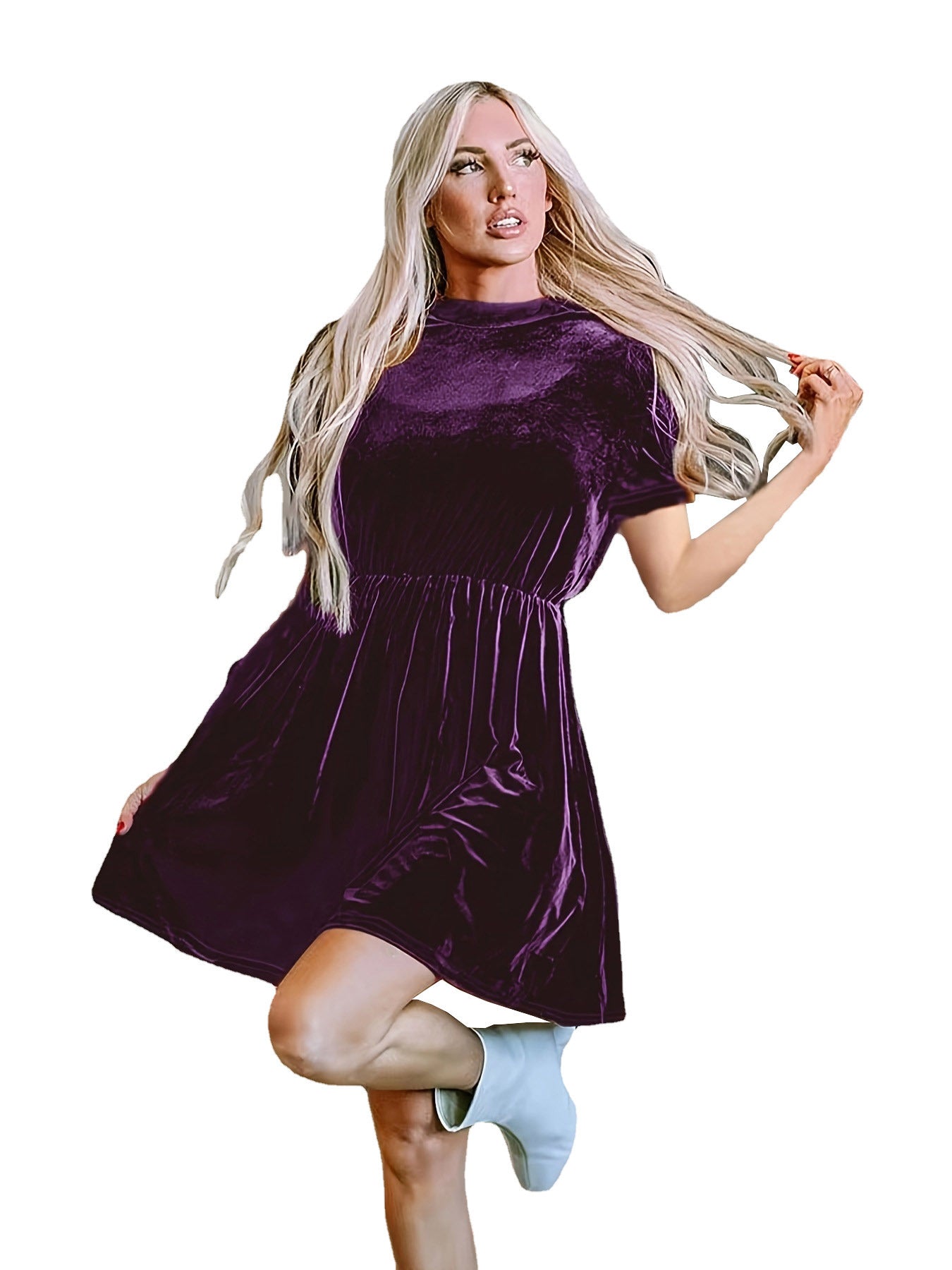 Damen Samt Minikleid mit hohem Kragen und lässigem Schnitt Stalluxe Lila