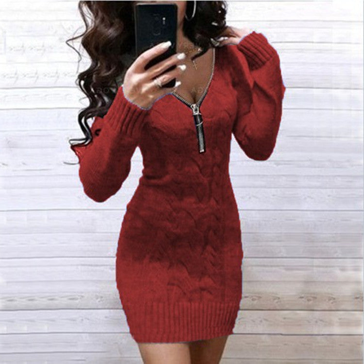 Damen Strickkleid mit detailreicher Zipper-Front und stilvollem Rautenmuster Stalluxe