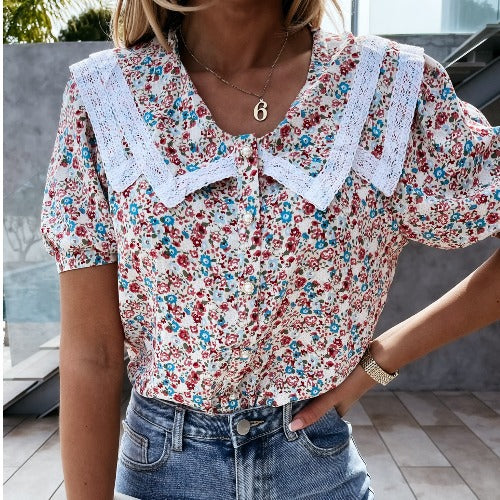 Damen Bluse mit floralen Mustern und Spitzenkragen Stalluxe