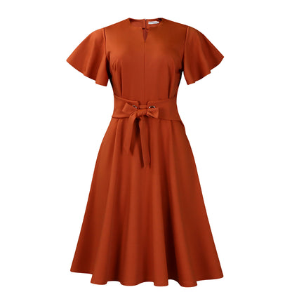 Damen Midi-Kleid mit eleganten Volantärmel und schickem Taillengürtel Stalluxe
