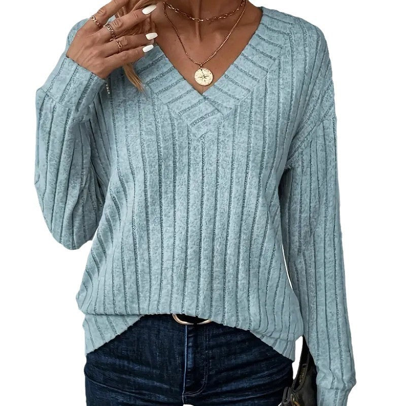 Damen Eleganter V-Ausschnitt Strickpullover mit Rippdesign Stalluxe