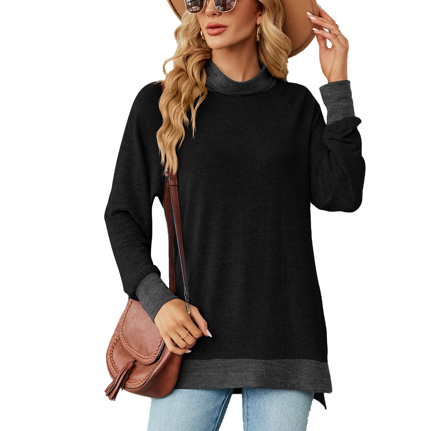 Damen Oversized Pullover mit hohem Kragen und Kontrastärmel Stalluxe