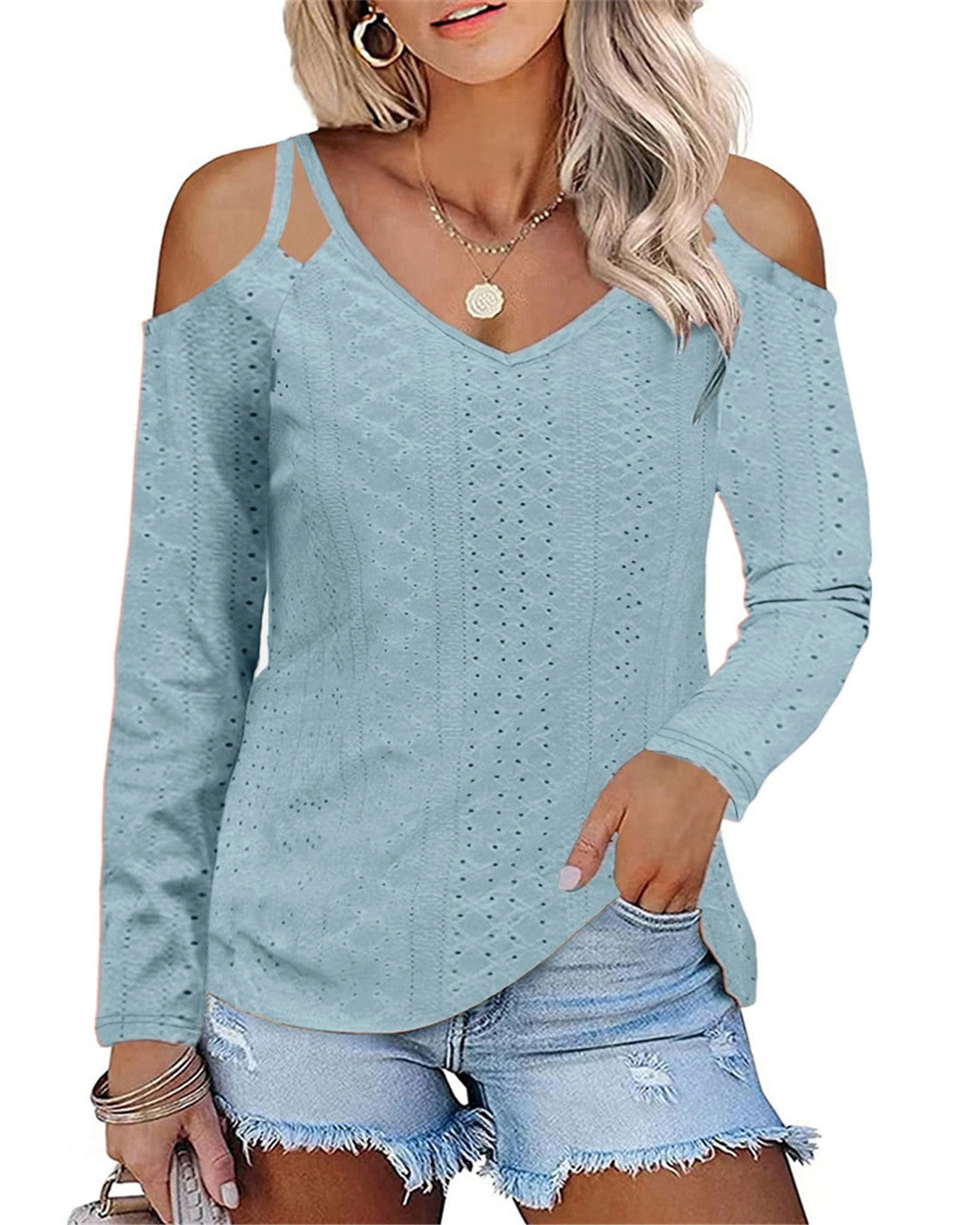 Damen Boho V-Ausschnitt Oberteil mit Off-Shoulder-Ärmeln und feinem Strukturdesign Stalluxe