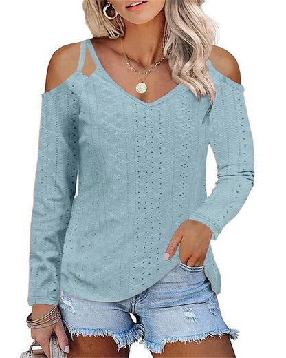 Damen Boho V-Ausschnitt Oberteil mit Off-Shoulder-Ärmeln und feinem Strukturdesign Stalluxe