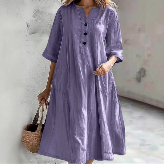 Damen lässiges Baumwollkleid mit Knopfleiste und praktischen Taschen Stalluxe