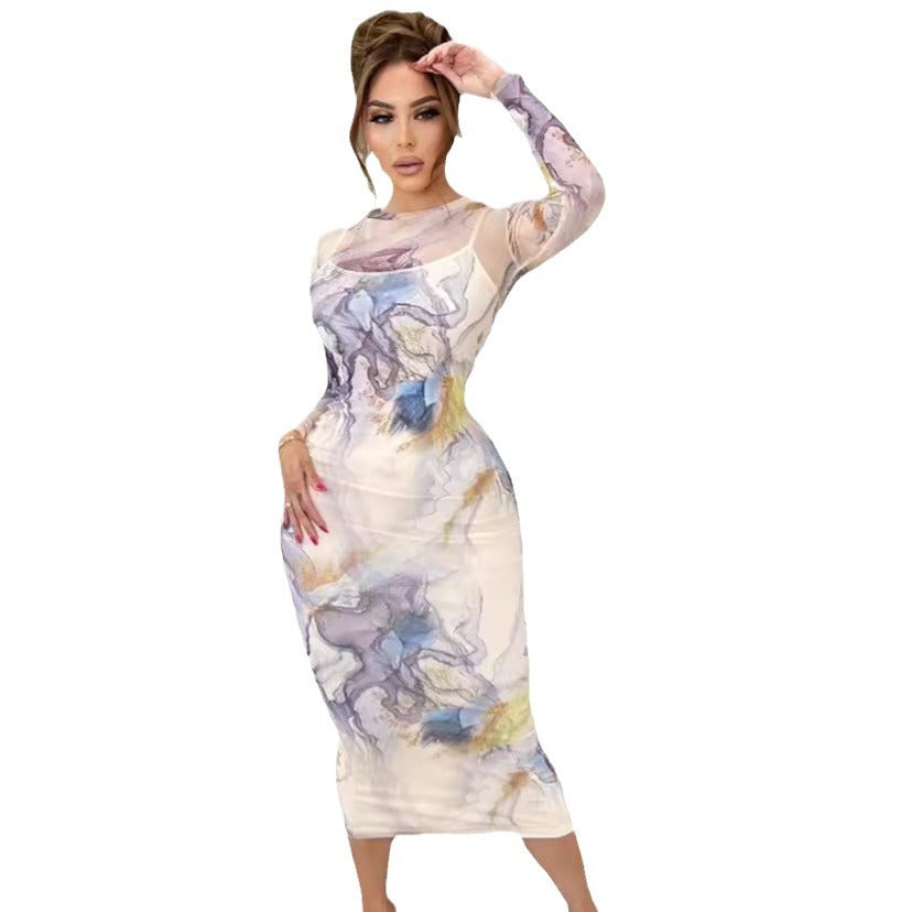 Damen Midikleid mit elegantem floralem Druck und transparentem Obermaterial Stalluxe