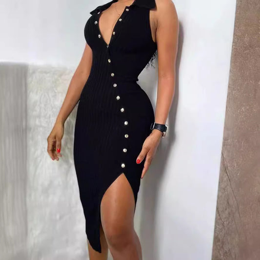 Damen Knielanges Kleid mit tiefem Ausschnitt und Knopfleiste Stalluxe