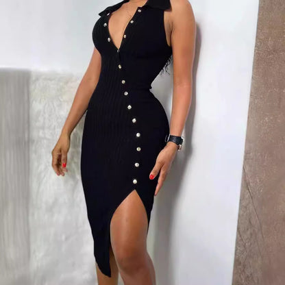 Damen figurbetontes Midi-Kleid mit Knopfleiste und Schlitz Stalluxe