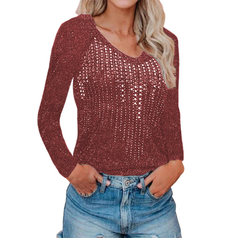Damen Glitzerndes Langarmshirt mit tiefem V-Ausschnitt und funkelnden Akzenten Stalluxe
