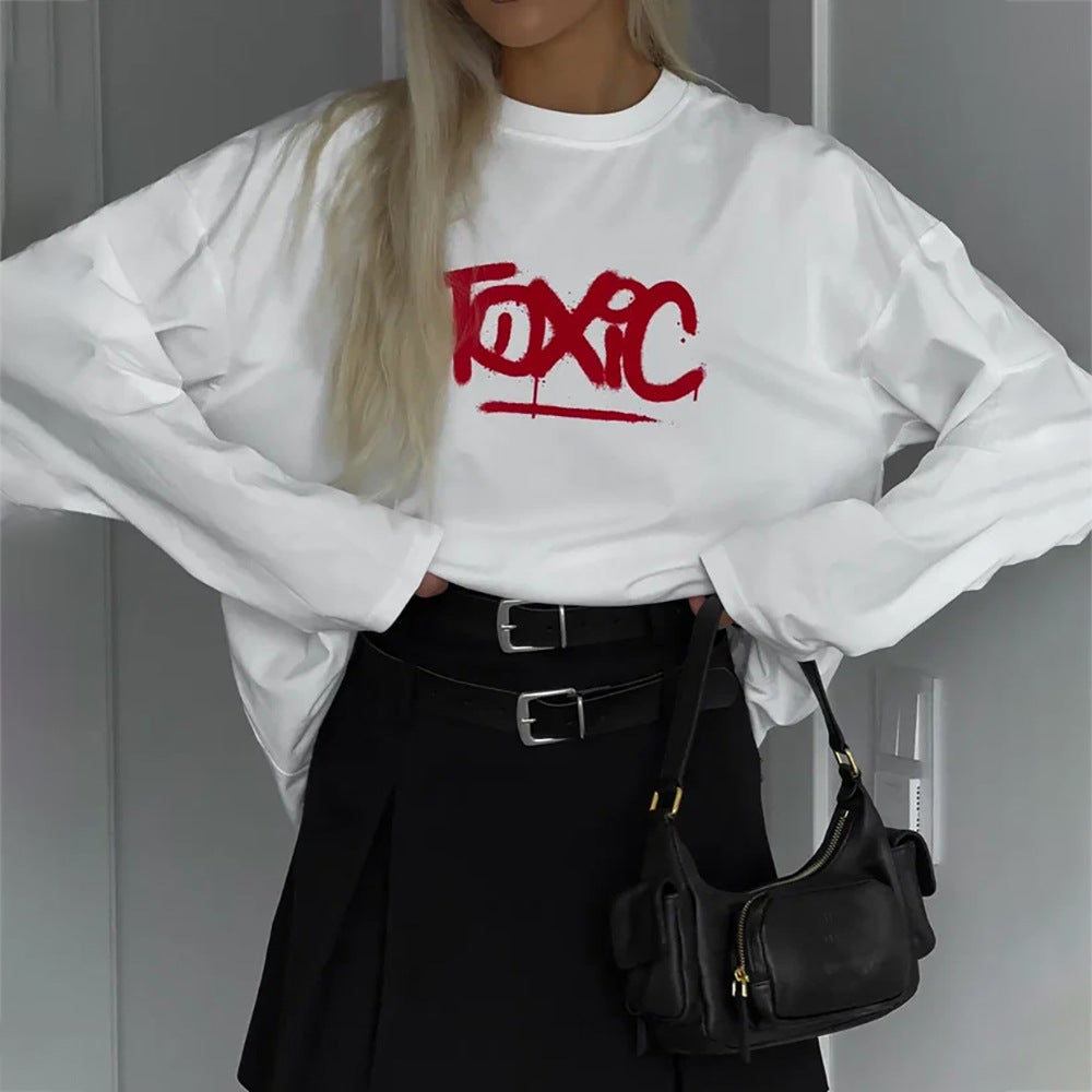 Damen Oversized Langarmshirt mit auffälligem Schriftzug Stalluxe Weiß