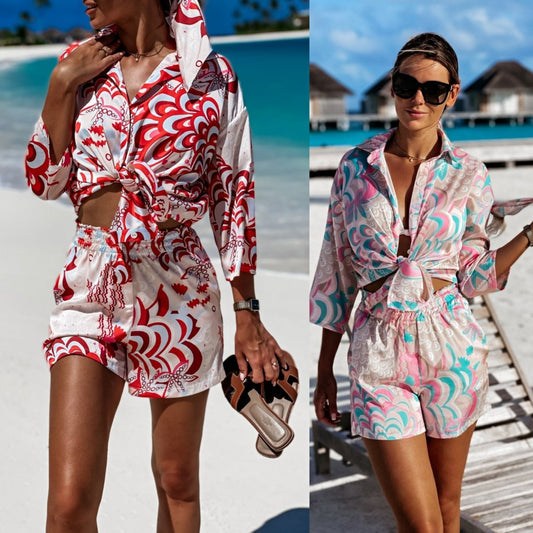 Damen Stylish Set für den Sommer mit verkürzter Bluse und Shorts Stalluxe
