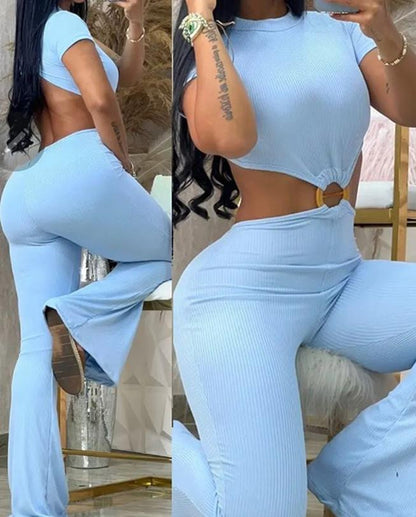 Damen cropped Oberteil mit hochtaillierter Hose im Ripp-Design Stalluxe