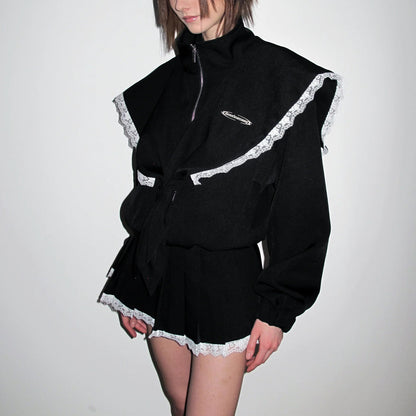 Damen Oversized Jacke mit dekorativem Spitzenkragen und bindbarem Gürtel Stalluxe