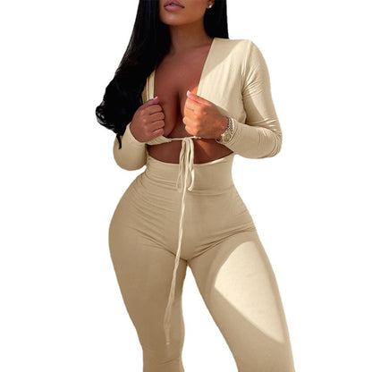 Damen figurbetonter Jumpsuit mit tiefem V-Ausschnitt und eleganten langen Ärmeln Stalluxe