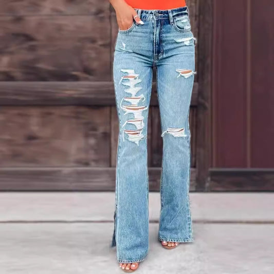 Damen Flared Jeans mit Distressed-Effekten und seitlichen Schlitzen Stalluxe