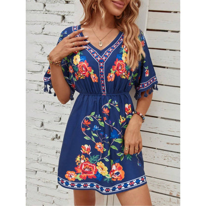 Damen Freizeitkleid mit floralem Design und fransigen Ärmeln Stalluxe