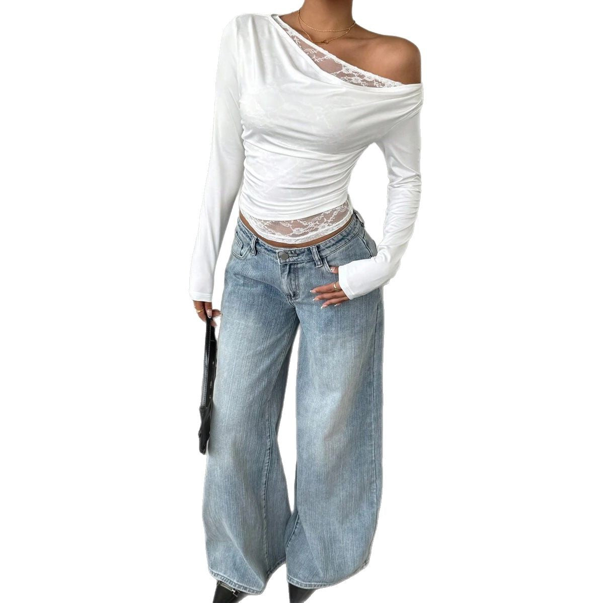 Damen Lässiges Langarmoberteil mit asymmetrischem Ausschnitt und transparenten Details Stalluxe