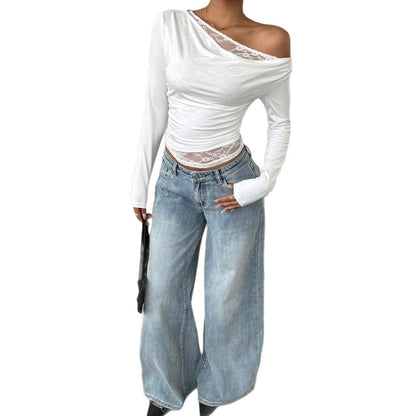 Damen Lässiges Langarmoberteil mit asymmetrischem Ausschnitt und transparenten Details Stalluxe