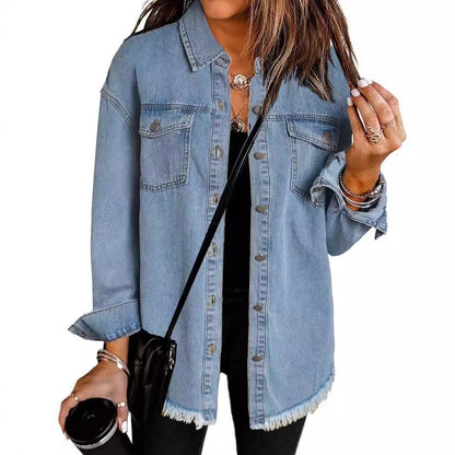 Damen lässige Jeansjacke mit fransigen Säumen und aufgesetzten Taschen Stalluxe