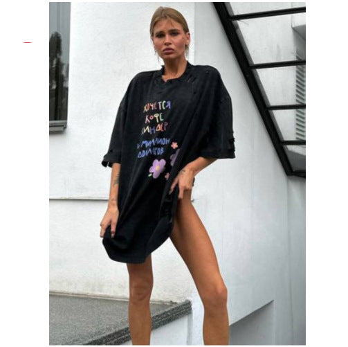 Damen Oversized T-Shirt Kleid mit einzigartigem Grafikriss-Design Stalluxe Schwarz