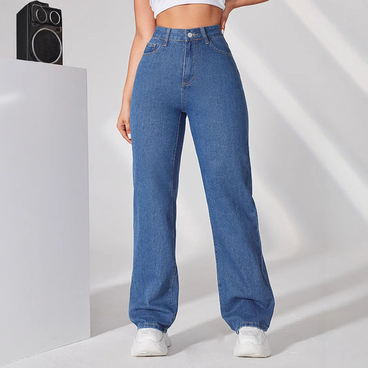 Damen Weit geschnittene Hochbund-Jeans mit elastischem Taillenband und lässigem Look Stalluxe