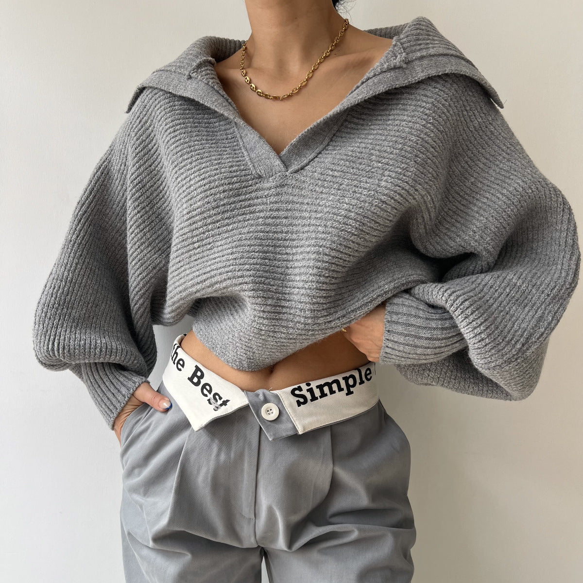 Damen cropped Strickpullover mit weitem Schnitt und angesagtem Kragen Stalluxe