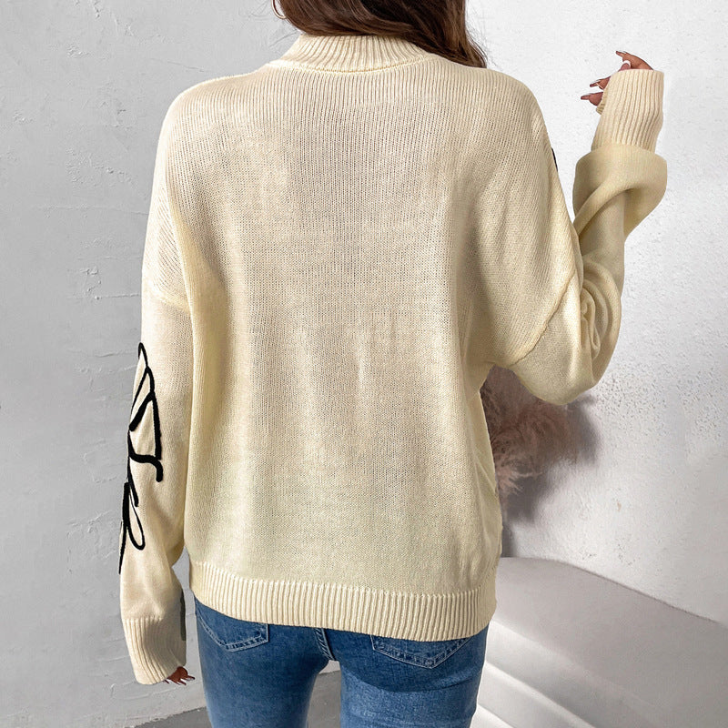 Damen weicher Strickpullover mit floralem Muster und hohem Kragen Stalluxe