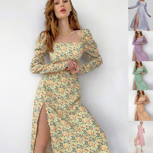 Damen Blütendes Maxikleid mit asymmetrischem Schlitz und Puffärmeln Stalluxe