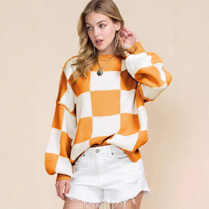Damen Oversized Pullover mit Karomuster und voluminösen Ärmeln Stalluxe