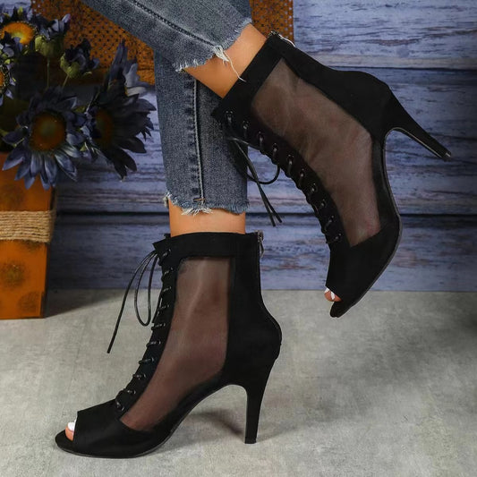 Damen Halboffene High Heel Stiefel mit transparentem Seiteneinsatz und Schnürung Stalluxe