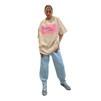 Damen Oversized T-Shirt mit einzigartigem Schriftzug und distressed Details Stalluxe