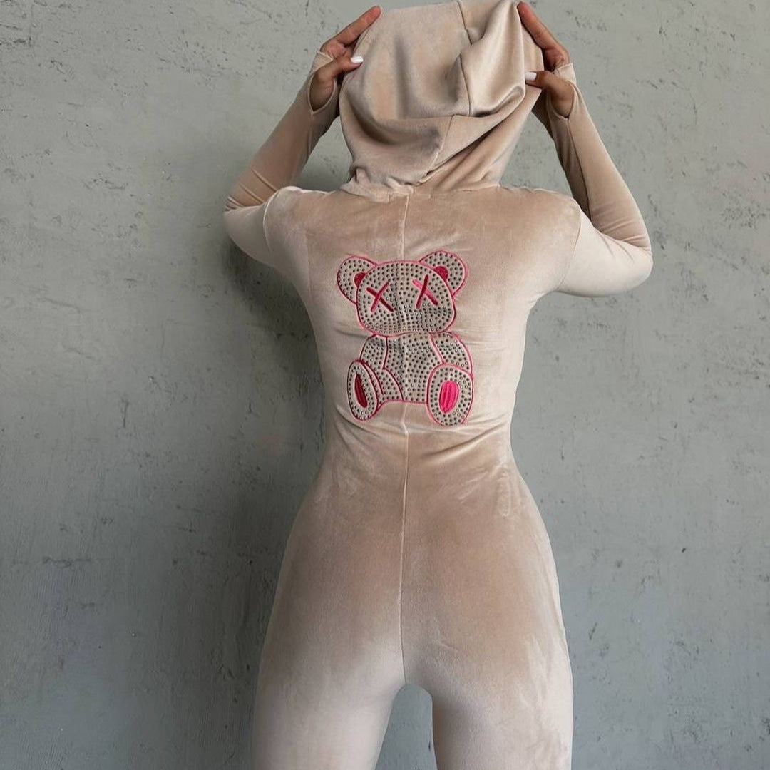 Damen Kapuzenkleid mit funkelndem Bärenmotiv und figurbetonendem Schnitt Stalluxe