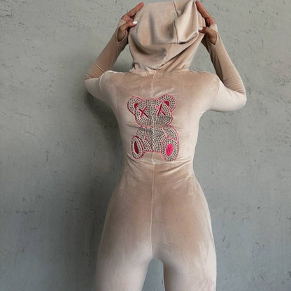 Damen Kapuzenkleid mit funkelndem Bärenmotiv und figurbetonendem Schnitt Stalluxe