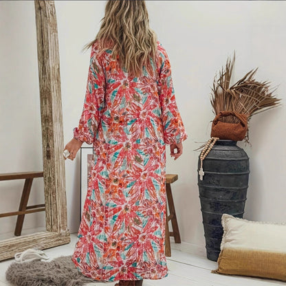 Damen Maxikleid mit buntem Floralprint und leichtem V-Ausschnitt Stalluxe