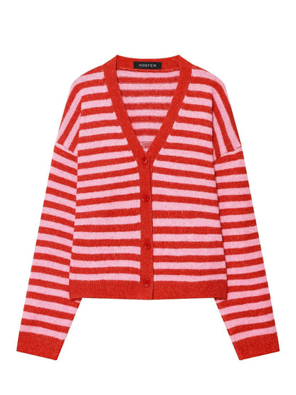 Damen modische gestreifte Strickjacke mit V-Ausschnitt und Knopfleiste Stalluxe