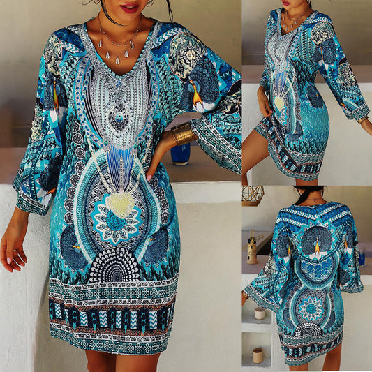 Damen Strandkleid mit voluminösen Ärmeln und außergewöhnlichem Muster Stalluxe