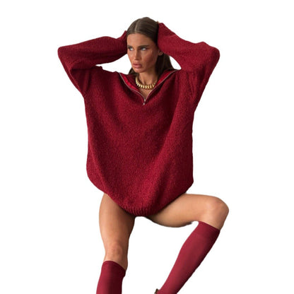 Damen Oversized Fleece-Pullover mit hohem Kragen und Reißverschluss Stalluxe